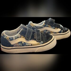 Vans Old Skool Girls Size 7 Toddler Shoes Denim Blue With Yellow & Pink Flowers